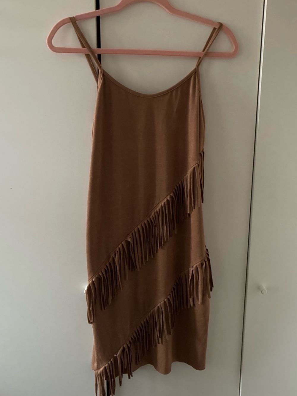 Women's Tan Fringe Slip Mini Dress - Spaghetti Strap